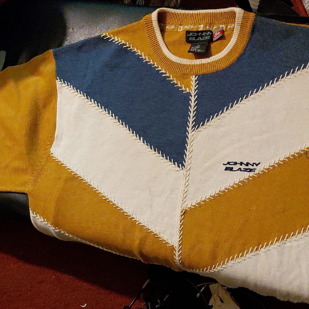Johnny Blaze Men's Chevron Crewneck Sweater - Mustard, Blue, and White